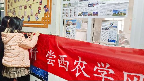 队员在教室外张贴宣传资料